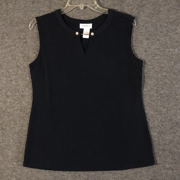 Carmen Marc Top Womans S Valvo Black Sleeveless Gold Chain-Pearls Neckline Chic - Picture 2 of 7
